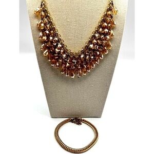 Vintage Gold Chain Necklace & Bracelet Set With Dangling Beads.  A6